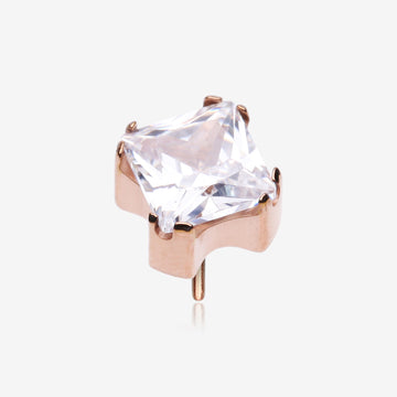Implant Grade Titanium OneFit Threadless Rose Gold Prong Set Square Gem Sparkle Top Part-Clear Gem